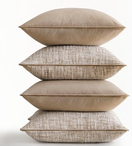 a moment Khaki 4 Pack Throw Pillow Covers - Chenille & Velvet Set with Piping, Farmhouse Textured Design Cushion Cases for Couch Sofa Bed (20x20 Inch, No Insert) - Image 5
