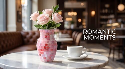 8" Pink Agate Mosaic Vase, Handmade Textured Glass Flower Vase, Romantic Rose Glass Centerpiece for Bedroom, Bathroom, Coastal Home Decor & Valentine's Day Gift - Image 3