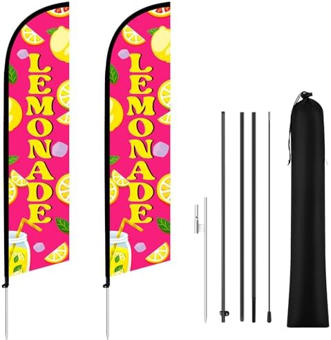 HunnmingRe 2 Set 15ft Pink Lemonade Feather Flag Kit, Large Advertising Swooper Flag Banner with Aluminum & Fiberglass Poles and Ground Stakes, High-visibility Outdoor Sign for Business, Store by HunnmingRe