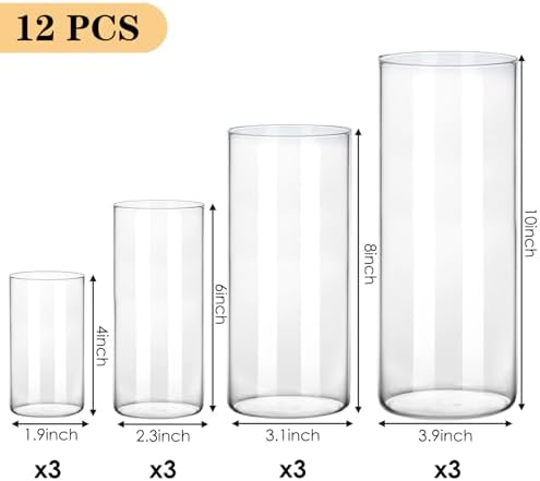 Fixwal 12pcs Clear Glass Cylinder Vases, 4, 6, 8, 10 Inch Tall - Image 2