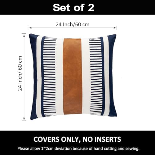 Set of 2 Large Throw Pillow Covers 24x24 Neutral Decorative Pillow Case for Sofa Couch Bed Faux Leather Accent Square Cushion Cover, Modern Farmhouse Decor - Image 5