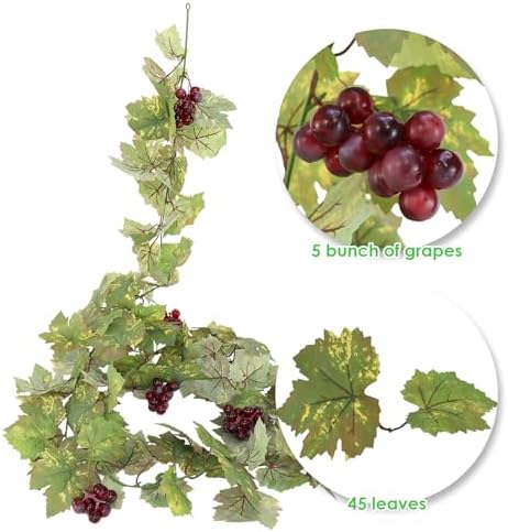 Artificial Grape Vine Leaf Garland Plant with 5 Strings Grapes, 6.5ft Artificial Fake Grape Vines Fake Greenery for Wedding Party Home Indoor Outdoors Decoration (2, Summer Leaf Garland) - Image 3