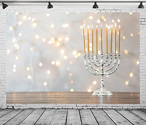 BELECO 15x10ft Fabric Happy Hanukkah Photography Backdrop Menorah Silver White Glitter Bokeh Lights Chanukah Holiday Decorations Banner Jewish Holy Festival Israel Party Supplies Studio Photo Props - Image 2