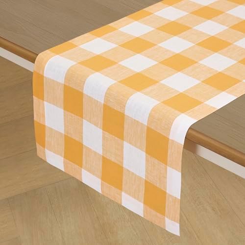 Solino Home 100% Linen Table Runner, 14 x 108 in, Mustard and White Check - Image 2