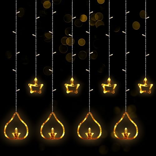 Riakrum 2 Pcs 8.2 ft Diya Lights Diwali String Lights Curtain 120 LED Lights Indoor Light Lamps for Diwali Decorations for Home Wall Window Indian Wedding Garden Bedroom Outdoor Christmas Party Gift by Riakrum