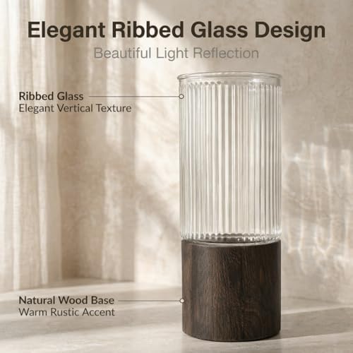 Ribbed Glass Flower Vase Set of 2 with Dark Wood Bases, 10 and 8 Inch Tall - Image 4