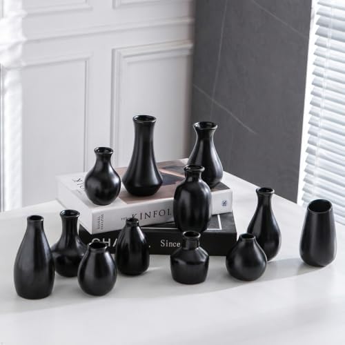 Black Ceramic Bud Vase Set of 12 Glossy Modern Flower Vases - Image 2