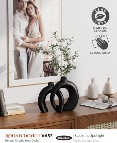 Round Donut Vase Set of 2 - Minimalist Nordic Modern Ceramic Decorative Black Vases For Home Office Book Shelf,Table Decor for Living Room,Coffee,Tv Stand Entry Console Mantle Decoration (Matte Black) - Image 3