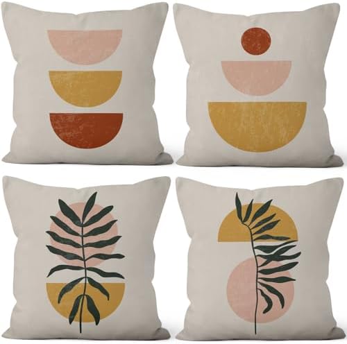 Boho Abstract Throw Pillow Covers 26"x26" Set of 4, Bohemian Minimalist Geometric Leaves Cushion Cover for Sofa Chair Couch Bed Office Garden Patio Farmhouse Indoor Outdoor Decorative by VieSavaran