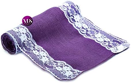 VDS Pack of 15, Burlap Table Runner with White Lace Edge, 100% Natural Jute Rustic Hessian Table Cloth Centerpiece for Wedding Birthday Party Banquet Table Decoration (Size 12X108 Inch)(Lavender) - Image 3