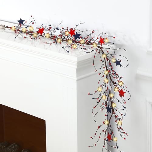 4th of July Garland with 30 Fairy Lights 4.5ft Long Patriotic Red White and Blue Star Berry Garland Ornament USA Independence Day Flag for 250th Anniversary Decor by Yuxung