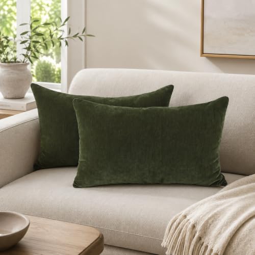 JoraLion Chenille Lumbar Pillow Covers 12x20 inch Moss Green by JoraLion