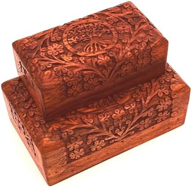 Handcarved Wooden Decorative Treasure Chest Box 8 x 5 Inch Brown Tree Of Life Pattern - Multipurpose Use as Sister gifts for Jewelry Storage, Watch Box, Grandma Gifts Pack fo 2 Boxes by ZYNTIX