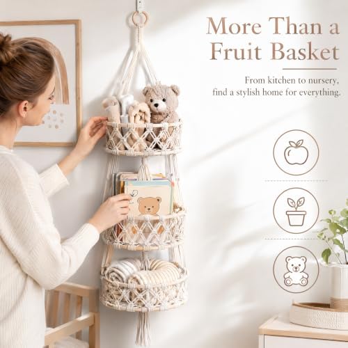 Macrame Hanging Fruit Basket, 3-Tier Boho Kitchen Storage(Gray) - Image 5