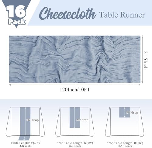 16 Pack Dusty Blue Table Runner 10FT Cheesecloth Table Runner Boho Gauze Table Runners Long Rustic Sheer Fabric Table Runners for Wedding Party Bridal Shower Farmhouse & Home Decor - Image 2