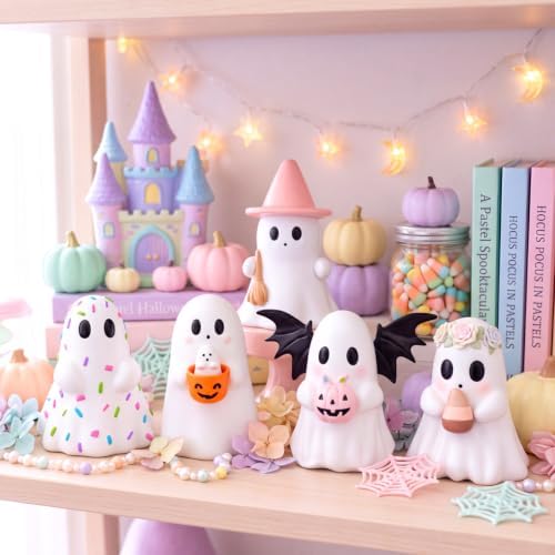 Simgoing 5 Pcs Pastel Ghost Figurines Cute Pink Halloween Decorations - Image 2
