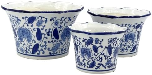 Galt International Blue & White Floral Porcelain Ceramic Decorative Flower Pot 8"/6"/4.5" Garden Pots Chinese Asian Design - Set of 3 Cylinder Fluted Edge by GaltInternational
