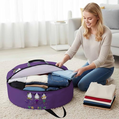Mardi Gras Round Storage Bag 24 Inch, Carnival Gnome Mask Deep Purple Theme Clothes Storage Container with Handles Heavy Duty Organizer for Comforter, Bedding & Holiday Wreaths - Image 3