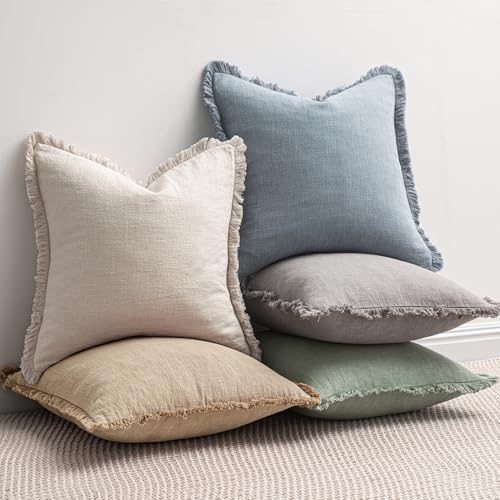 MIULEE Boho Linen Fringe Decorative Throw Pillow Covers Light Blue 18x18 - Image 5