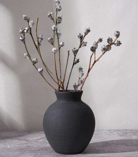 Ceramic Flower Vase Home Decor, 6 in Farmhouse Table Black Vases Rustic Vintage Living Room Kitchen Bedroom Decorations Pottery Decorative Vase for House Book Shelf Office Coffee Desk Dining Fireplace by FancyPlus