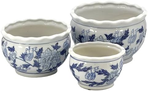 Galt International Blue & White Round Floral Porcelain Ceramic Plant Flower Planter Pot Set of 3 (8", 10", 12") Garden Pots Chinese Asian Design - Image 5