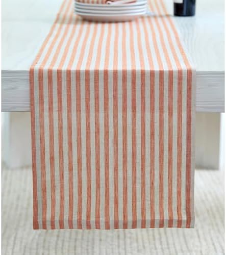 Solino Home 100% Linen Table Runner, 14 x 132 in, Pumpkin, Amalfi Stripe by SolinoHome