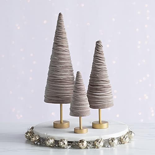 Taupe Pedestal Velvet Trees Set of 3, Valentine Tree Tabletop, Winter Mantel, Made in USA, Holiday Dining Table Centerpiece, Handcrafted Gift for (Taupe) - Image 2