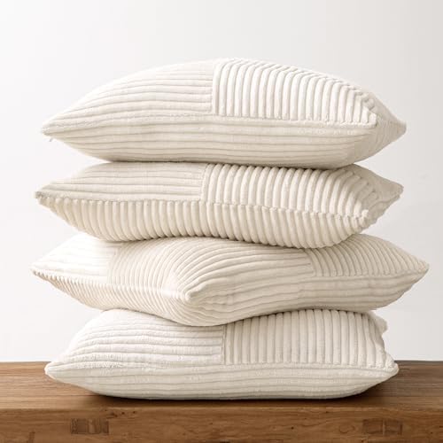 MIULEE Beige Throw Pillow Covers 18x18 Inch Set of 4 Boho Patchwork Cushion Cases Modern Farmhouse Pillow Cases with Invisible Zipper Corduroy Striped Home Decor for Couch Sofa Bedroom - Image 6