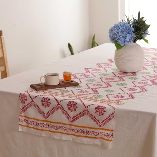Hand Block Printed Cotton Table Runner, Boho Floral Tabletop Decor, Machine Washable Cotton Runner for Kitchen Tables and Casual Dining Spaces, 16x60 Inches - Red & Ivory - Image 2