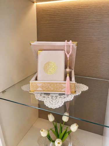 VOGUEHOMEDECOR Velvet Covered Quran and Pearl Tasbih in Wooden Decorative Box | Gift Islamic Set Birthday, Wedding Muslim Eid Ramadan (Pink) by VOGUEHOMEDECOR