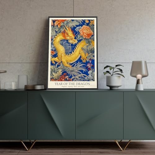 Chinese Lunar Year of the Dragon Art Print – Chinese Zodiac Wall Decor with Orange Peony & Iris Pattern Gilded Dark Blue Oriental Home Decor Poster for Bathroom Bedroom 8X12 in Black Framed - Image 4