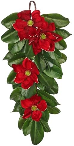 Christmas Poinsettia Teardrop Swag – 28" Artificial Magnolia Leaf Hanging Door Decoration – Holiday Front Door, Fireplace & Stairway Décor for Wedding Christmas Thanksgiving by Arborus