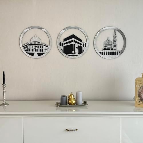 iwa concept Set of Masjid Al Aqsa, Masjid Al-Haram & Masjid An-Nabawi Islamic Wall Art | Wooden Acrylic Kaaba Wall Decor | Ramadan Decoration | Muslim Gift | (Large, Silver) - Image 2