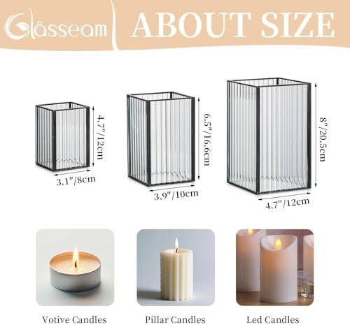 Glasseam 3Pcs Square Black Glass Hurricane Candle Holder for Pillar Candles - Image 5