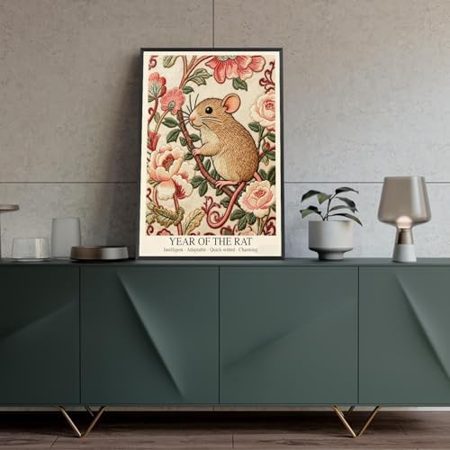 Elegant Chinese Zodiac Wall Art - Year of the Rat Poster with Embroidery Style Floral Pattern for Home Office and Apartment Decor 20X30 in Black Framed - Image 4