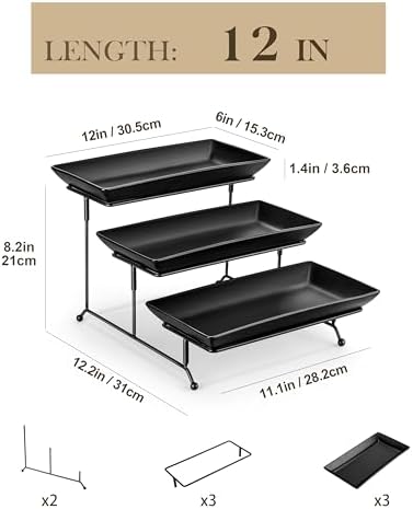 MALACASA 3 Tier Serving Tray, Porcelain Tiered Serving Trays Platters, 12 Inch Serving Stand with Platters,Black Dessert Stand with Collapsible Sturdier Metal Rack,Series PLAT - Image 2