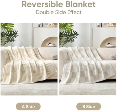 Snuggle Sac Faux Fur Checkered Blanket Twin Size with Soft Knitted Microfiber,Reversible Soft Cozy Warm Blanket for Sofa Bedroom,Cute Lightweight Striped Throws for Women,Heather Cream,60x80 inches - Image 3