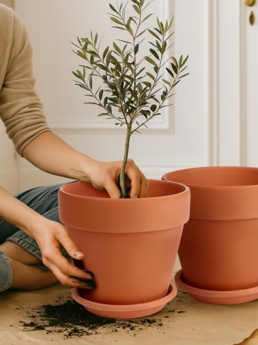 INGOFIN 12 Inch Terracotta Pot Set of 2 with Saucer - Ceramic Clay Pot for Plants with Drainage Hole, Large Terra Cotta Flower Planter with Tray for Indoor Outdoor Plants - Image 5
