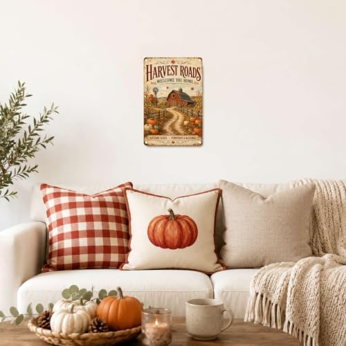 Decorative Tin Sign Vintage Metal Tin Sign Rustic Distressed Finish Harvest Roads Red Barn Windmill Pumpkin Farm Wall Decor for Farmhouse Entryway Porch 12×16 Inches with Metal Frame - Image 5