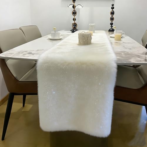 White Faux Fur Table Runner Fluffy Soft Luxury Table Decor for Christmas Thanksgiving Wedding Birthday Party Banquet Wedding Dining Table 11.8x70.8inch - Image 2