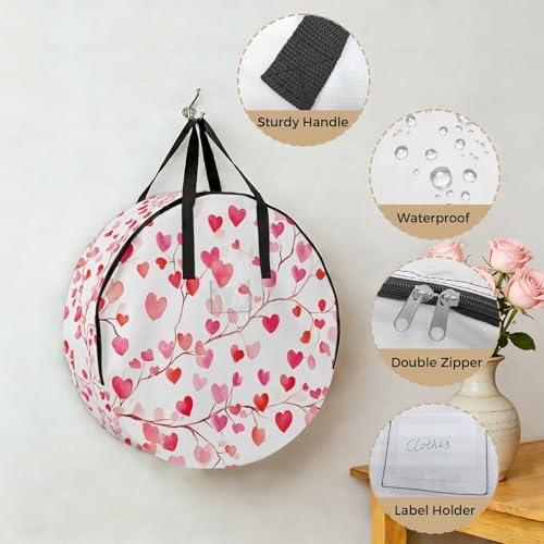 Valentine's Day Round Storage Bag 30 Inch, Romantic Watercolor Red Gradient Love Heart Tree Clothes Storage Container with Handles Heavy Duty Organizer for Comforter, Bedding & Holiday Wreaths - Image 5