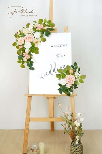Wedding Decor (Pack of 2) Welcome Sign Flower Backdrop Garland for Ceremony Reception Wall Easel Home Decoration Entryway Faux Outdoor Board Head Table Decor (Flesh Pink & White) - Image 2