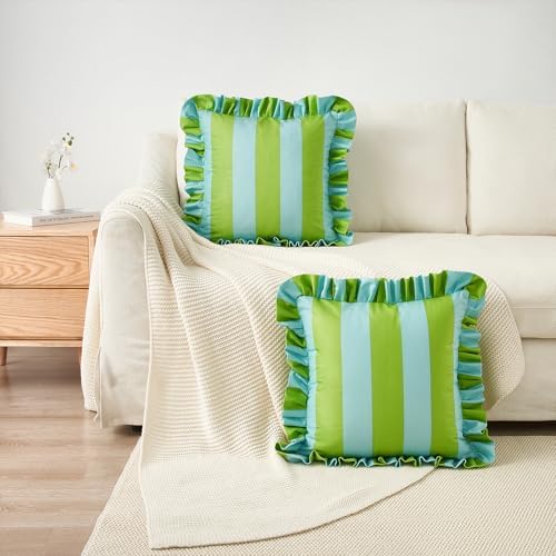 MONDAY MOOSE Decorative Throw Pillow Covers, Set of 2 Water-Resistant Striped Design with Ruffle Edge for Outdoor/Indoor Use, Pillow Inserts Not Included (22x22 inch, Light Green/Light Blue) - Image 5