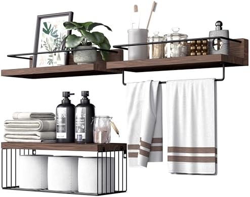PopiShelves Bathroom Shelves Over Toilet for Wall, Floating Shelves with Storage Basket Paper Holer for Kitchen Living Room, Bedroom & Classroom, Set of 3 (Dark Brown) by Unknown
