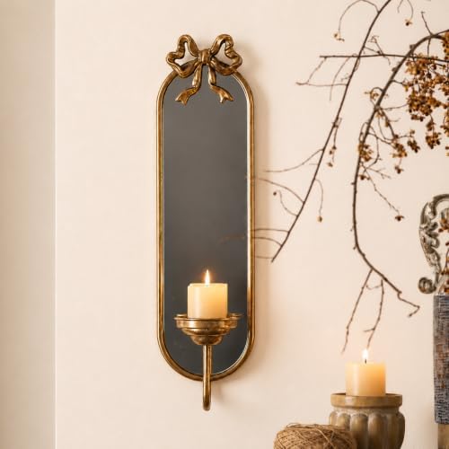23.6" Gold Candle Sconces Wall Decor, Vintage French Metal Bow Mirror Wall Candle Holder, Decorative Candle Sconce with Candle Tray for Bedroom, Fireplace, Entryway, Hallway, Living Room by Unknown