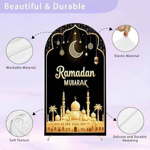 7.2FT Arch Backdrop Cover Black Gold Eid Ramadan Mubarak Photography Holiday Welcome Crescent Wedding Arch Cover Spandex Fitted Stretchy Backdrop Stand Covers for Birthday Party Wedding Decoration - Image 4
