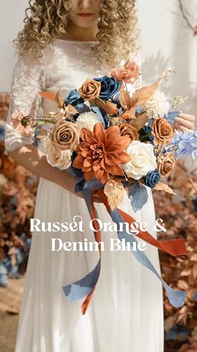 Ling's moment Artificial Wedding Fall Flowers Grand Combo, Orange & Navy - Image 5