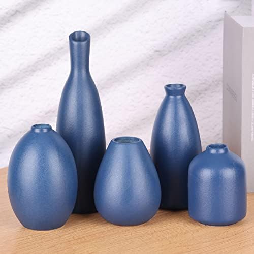 Blue Ceramic Vase - Set of 5 Blue Bud Vases, Modern Farmhouse Navy Blue Decorative Vases for Home, Office, Living Room, Table Decor - Ideal Centerpieces for Flowers, Shelf and Fireplace Accents - Image 7