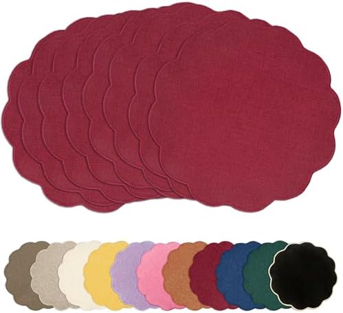 AHHFSMEI Round Faux Linen Placemats Set of 8 Heat Resistant Non-Slip Stain Proof Table Mats for Kitchen Dining Elegant Decor Place Mats (Burgendy red,8) by AHHFSMEI