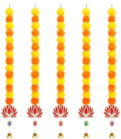 5PCS Artificial Marigold Garland with Lotus and Bell for Diwali Decoration, Marigold Long Strands for Indian Wedding Pooja Puja Decor, Flowers Garland for All Year Decoration by FortuningsJDS